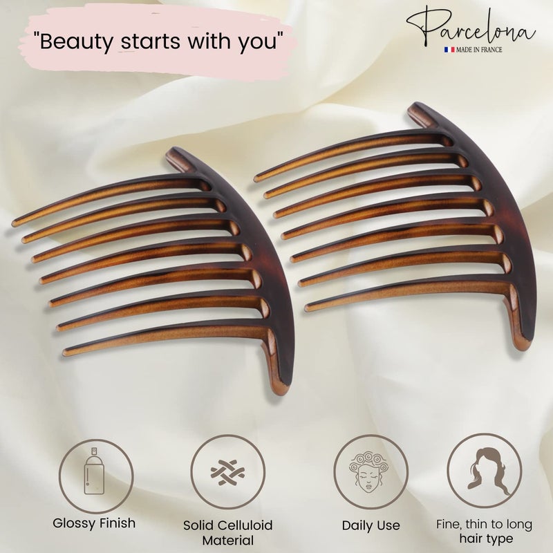 Parcelona French Basic 7 Teeth Tortoise Shell Matte Large 4â€ Celluloid Set of 2 Side Hair Combs for Women and Girls - Image 2